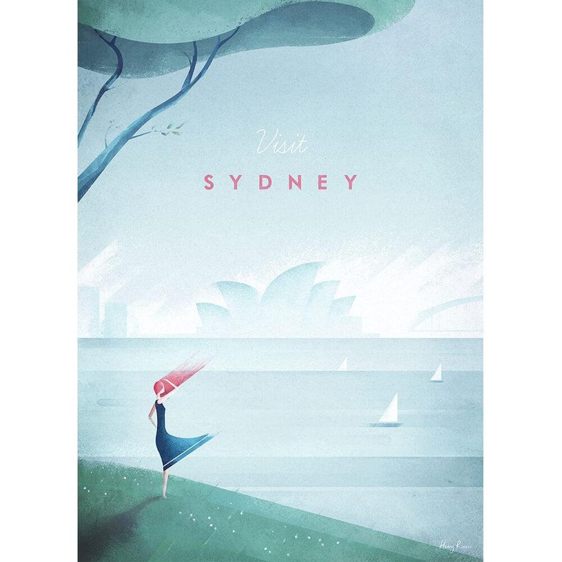 May include: An artistic travel poster with the text "Visit SYDNEY" in pink. The image features a woman in a blue dress with red hair, standing on a green hill overlooking the water. The Sydney Opera House is visible in the background.