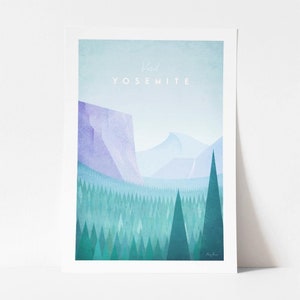 Puede incluir: Una ilustraci&oacute;n minimalista de una cordillera con un bosque en primer plano. El texto "Visit Yosemite" est&aacute; en la parte superior de la imagen.