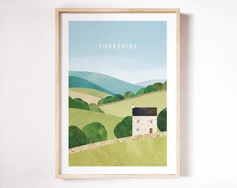 May include: A digital illustration of a stone house with a black roof in a green rolling hills landscape. The text "YORKSHIRE" is at the top of the image.