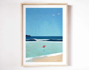 Surfer Print by Henry Rivers | Surfing, Surfer, Beach Wall Art Print | Minimalist Surf Beach Art Poster | Surfing Surfer