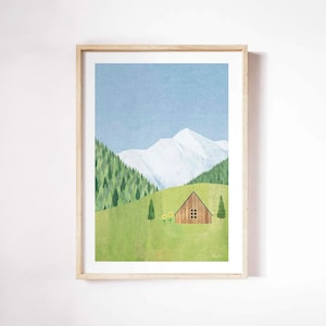 Mountain Cabin Print by Henry Rivers | Log Cabin Wall Art | Mountains Art Poster