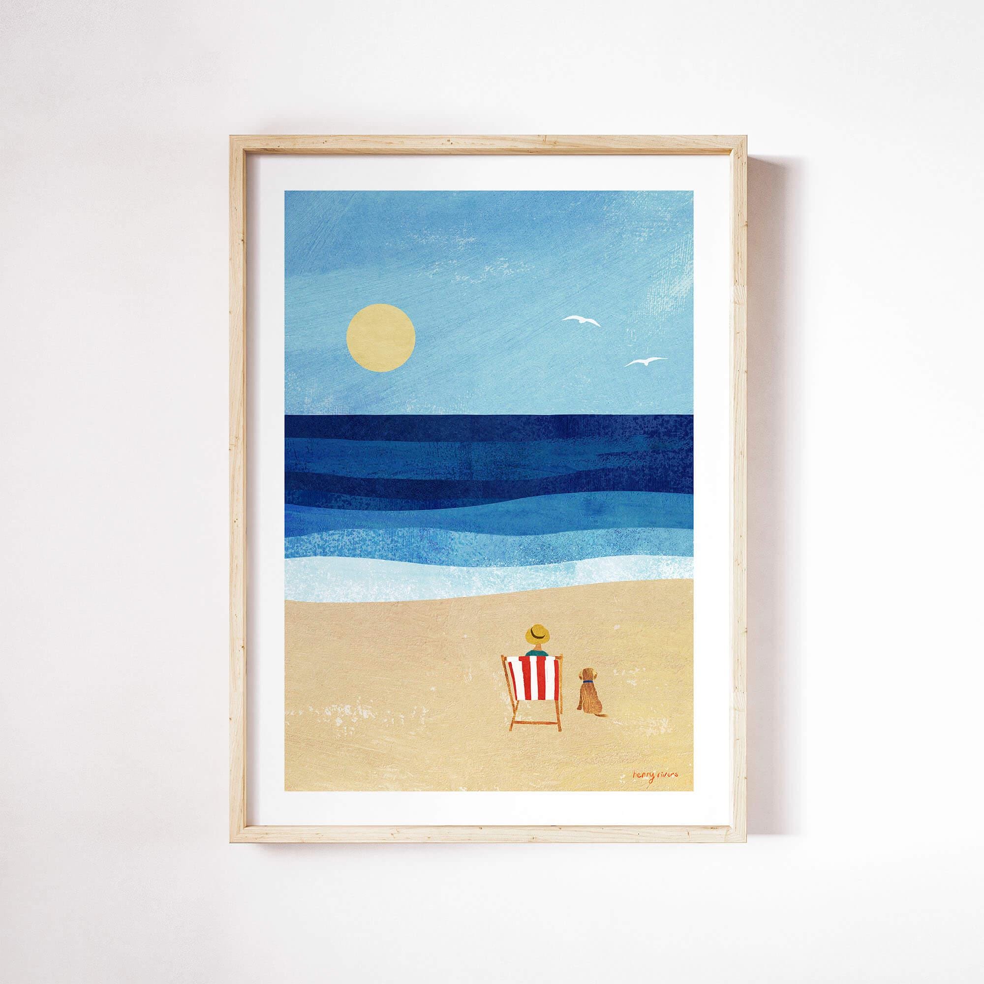 Deckchair, Dog, Seaside Print by Henry Rivers | Dog on Beach Seaside Wall Art Print | Art Poster | Sitting on Deckchair Dog Beach Print