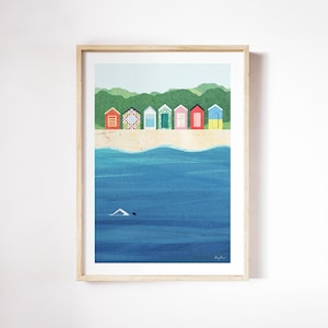 Strandhutten print door Henry Rivers | Kust strand cabine kunst aan de muur | Strand vak kunst poster