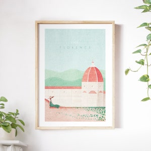 May include: A digital illustration of a woman sitting on a wall in front of a building with a red dome. The text "Visit Florence" is at the top of the image.