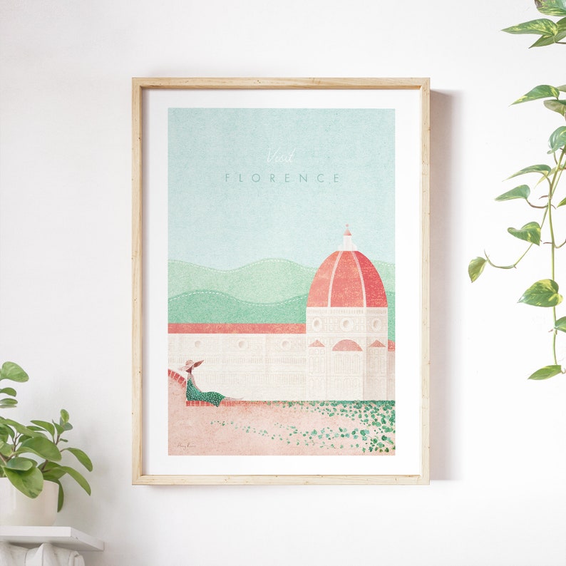 May include: A digital illustration of a woman sitting on a wall in front of a building with a red dome. The text "Visit Florence" is at the top of the image.