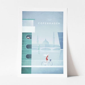 May include: A minimalist poster with a blue and green colour scheme featuring a woman riding a bicycle on a bridge in front of a cityscape. The text "Visit Copenhagen" is at the top of the poster.