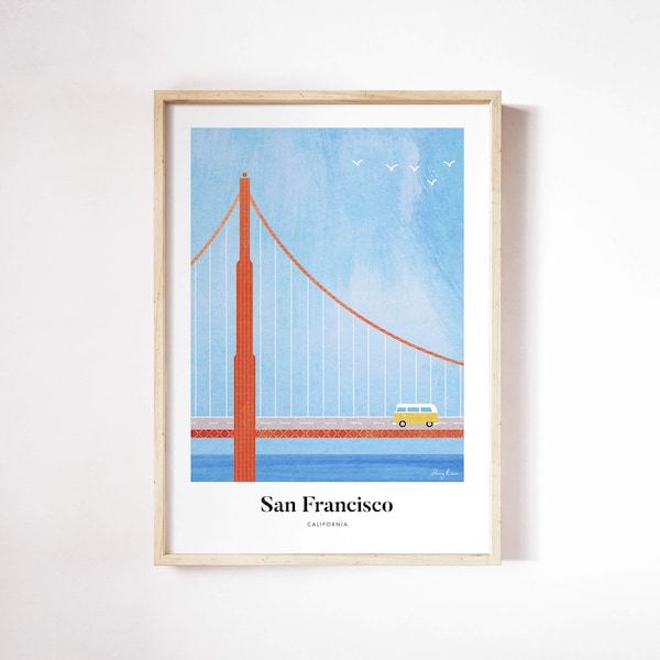Impresión de San Francisco por Henry Rivers / Arte de la pared de San Francisco / Cartel de arte del puente Golden Gate