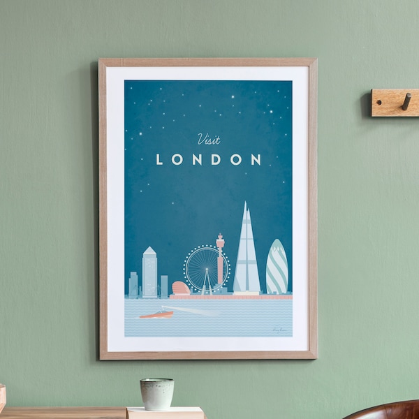 Poster de voyage à Londres par Henry Rivers | Décoration murale voyage à Londres | Art de voyage minimaliste de style rétro vintage