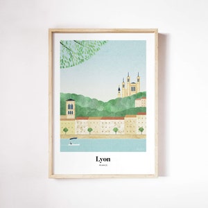 May include: A watercolour illustration of the city of Lyon, France. The illustration features a cityscape with buildings, a river, and a church on a hill. The text "Lyon, France" is printed below the illustration.