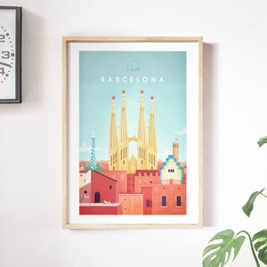 Barcelona Travel Poster Print by Henry Rivers | Barcelona Travel Wall Art | Minimalist Vintage Retro Style Travel Art