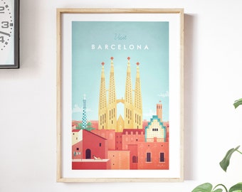 Affiche de voyage de Barcelone imprimée par Henry Rivers | Art mural de voyage de Barcelone | Art de voyage de style rétro vintage minimaliste