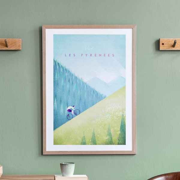 Poster de voyage à vélo dans les Pyrénées par Henry Rivers | Art mural voyage dans les Pyrénées | Art de voyage minimaliste de style rétro vintage