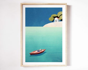 Somewhere In Italy Print by Henry Rivers | Wall Art Print | Art Poster | Woman Vacation, Boat, Sea.