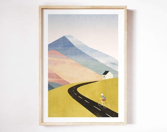 Cycling Home Print by Henry Rivers | Wall Art Print | Art Poster | Cyclist, Cycling, Cycle Print | Cycling Landscape Mountain Print