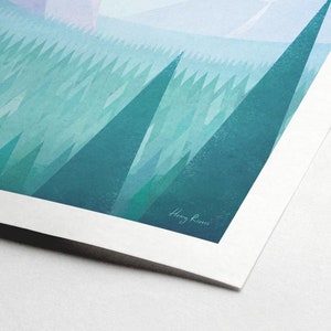 Puede incluir: Una ilustraci&oacute;n digital de una escena de bosque con un esquema de color azul, verde y morado. La imagen est&aacute; firmada "Henry Rivers" en la esquina inferior derecha.