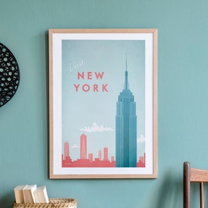 Impresión de carteles de viajes de Nueva York por Henry Rivers / Arte de pared de viajes de Nueva York / Arte de viaje minimalista vintage estilo retro