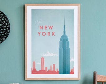 New York Travel Poster Print by Henry Rivers | New York Travel Wall Art | Minimalist Vintage Retro Style Travel Art