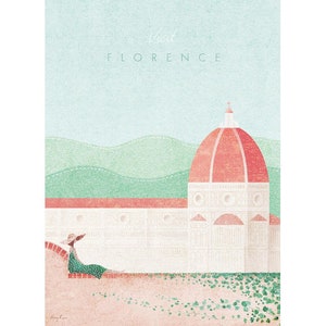 May include: A digital illustration of a woman sitting on a wall in front of the Duomo in Florence, Italy. The sky is blue and the building is white with a red dome. The text "Visit Florence" is at the top of the image.