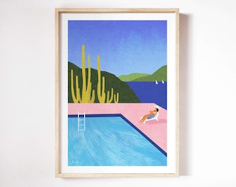 Könnte beinhalten: Eine gerahmte Illustration einer Person, die sich an einem Pool entspannt, mit Blick auf ein Gewässer und Berge in der Ferne. Der Pool ist blau und rosa, und die Person trägt einen blau-weiß gestreiften Badeanzug. Im Vordergrund befinden sich Kakteen.