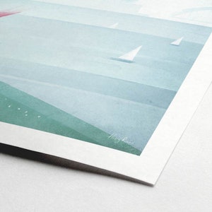 May include: Abstract watercolor print featuring a seascape with sailboats. The artwork uses shades of blue and green to depict the ocean and sky. The artist's signature, "Henry Rivers," is visible in the lower right corner.