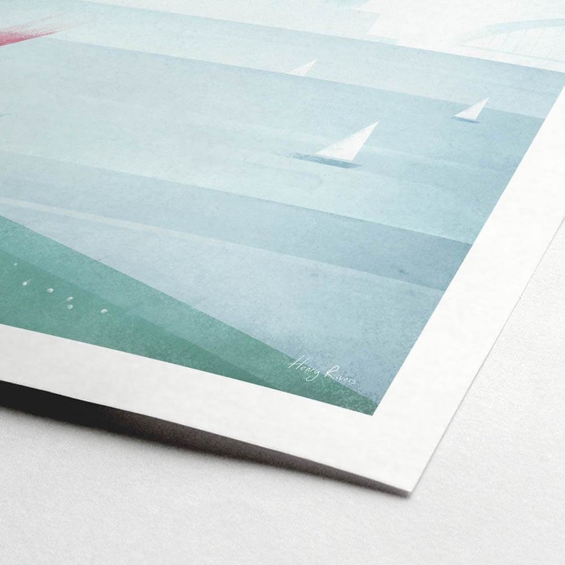 May include: Abstract watercolor print featuring a seascape with sailboats. The artwork uses shades of blue and green to depict the ocean and sky. The artist's signature, "Henry Rivers," is visible in the lower right corner.