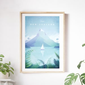 Poster de voyage en Nouvelle-Zélande par Henry Rivers | Art mural de voyage Mitre Peak | Art de voyage minimaliste de style rétro vintage