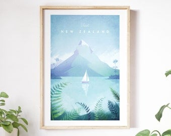 New Zealand Travel Poster Print by Henry Rivers | Mitre Peak Travel Wall Art | Minimalist Vintage Retro Style Travel Art
