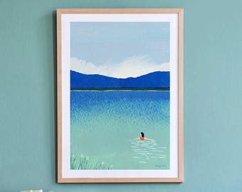 Vild simning av Henry Rivers | Väggkonst med sjösimning | Konstposter med kallvattensimning | Sjö, simning i öppet vatten | Kvinna som simmar utomhus
