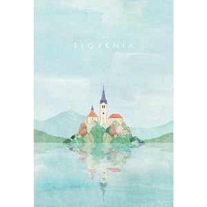 K&ouml;nnte beinhalten: Eine Aquarell-Illustration einer Kirche auf einer Insel in einem See mit Bergen im Hintergrund. Der Text "Visit SLOVENIA" befindet sich oben im Bild.