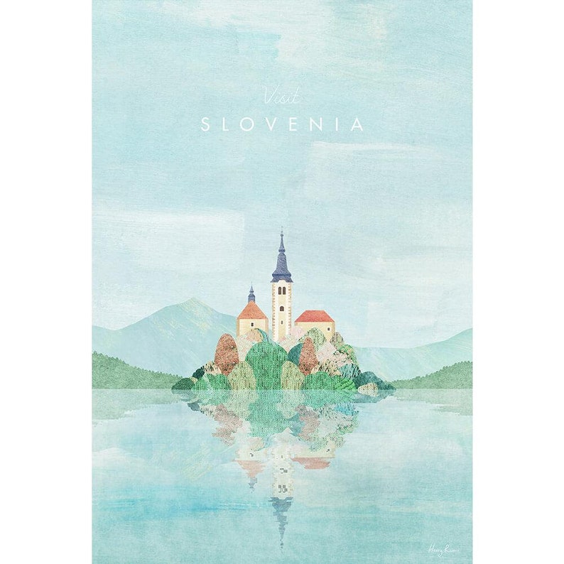 K&ouml;nnte beinhalten: Eine Aquarell-Illustration einer Kirche auf einer Insel in einem See mit Bergen im Hintergrund. Der Text "Visit SLOVENIA" befindet sich oben im Bild.