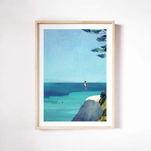 Sea Swim Leap Print by Henry Rivers | Sea Swim Wall Art | Seaside Wild Swimming Art Poster | Woman Jumping into Sea | Open-water Swimming