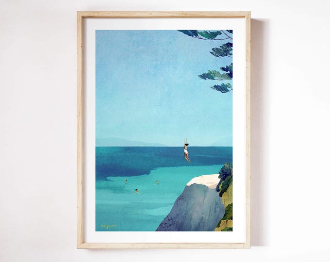 Sea Swim Leap Print by Henry Rivers | Sea Swim Wall Art | Seaside Wild Swimming Art Poster | Woman Jumping into Sea | Open-water Swimming