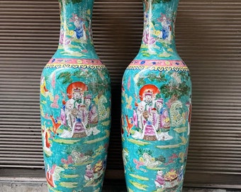 Chinese antique hand-painted large exquisite rare pastel figures group of immortals vase ornaments pair