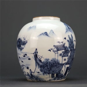 Chinese Antique Handpainted Exquisite Rare Blue and White Jiangnan Water Town Story Jar Porcelain Ornament