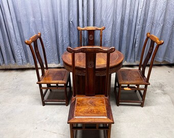 Chinese antique handmade large exquisite and rare rosewood round table five-piece set