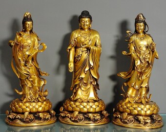 A set of Chinese antique hand-made exquisite and rare pure copper gilt Western three saints Buddha statues