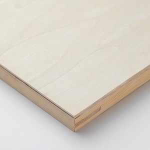 May include: Close-up of the edge of a light wood panel with a natural wood grain. The panel has a thin, dark brown border.