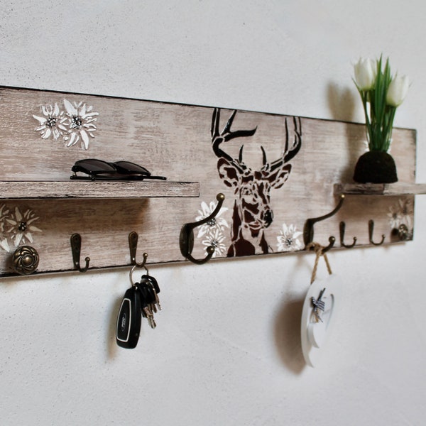 Alpenstyle wall coat rack/key rack, wood, 2 shelves, shabby, alpine, deer head, beige/brown/black, vintage hooks