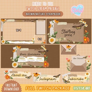 PK-5 /ANIMATED Twitch Stream Package / Brown Nature Scrapbook theme / Cottagecore / Butterfly / Flowers / Spring / sunflower / Daisy