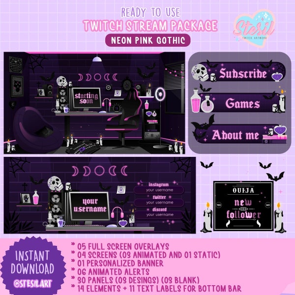 PK-32 / ANIMATED Twitch Stream Package / Gothic neon pink theme / esoteric / magic / astrology / moon / ouija / Streamer / Streamer Graphics
