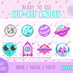 BG-16 / Twitch Sub Badges / Bit Badges / SPACE ALIEN pixel / Kitty / Cat / planetas / Cheer Bit Badges / Star / astronauta / cohete