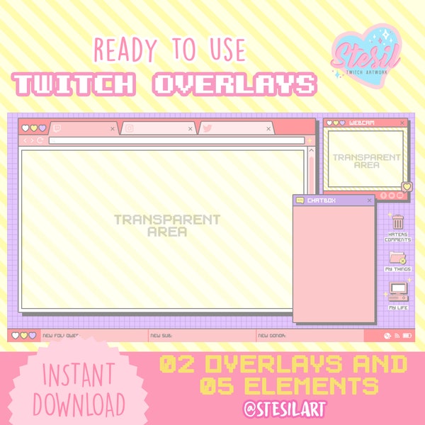 O-12 / 02 Twitch Overlays und 05 Elements / Browser / WEB / Ästhetik / Kawaii / Streamer / Fenster / Vintage / Pastell Pink / Streamer