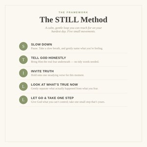 May include: A white informational graphic titled The STILL Method, featuring five green circular icons labeled S, T, I, L, L. The text outlines steps: Slow Down, Tell God Honestly, Invite Truth, Look At What's True Now, and Let Go & Take One Step.