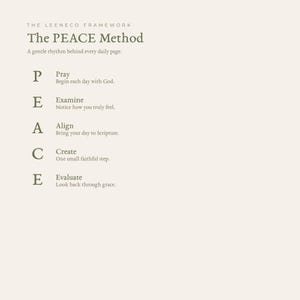 May include: A beige informational graphic titled The Leeneco Framework The PEACE Method. It lists the acronym P for Pray, E for Examine, A for Align, C for Create, and E for Evaluate, each followed by a short descriptive phrase in dark text.