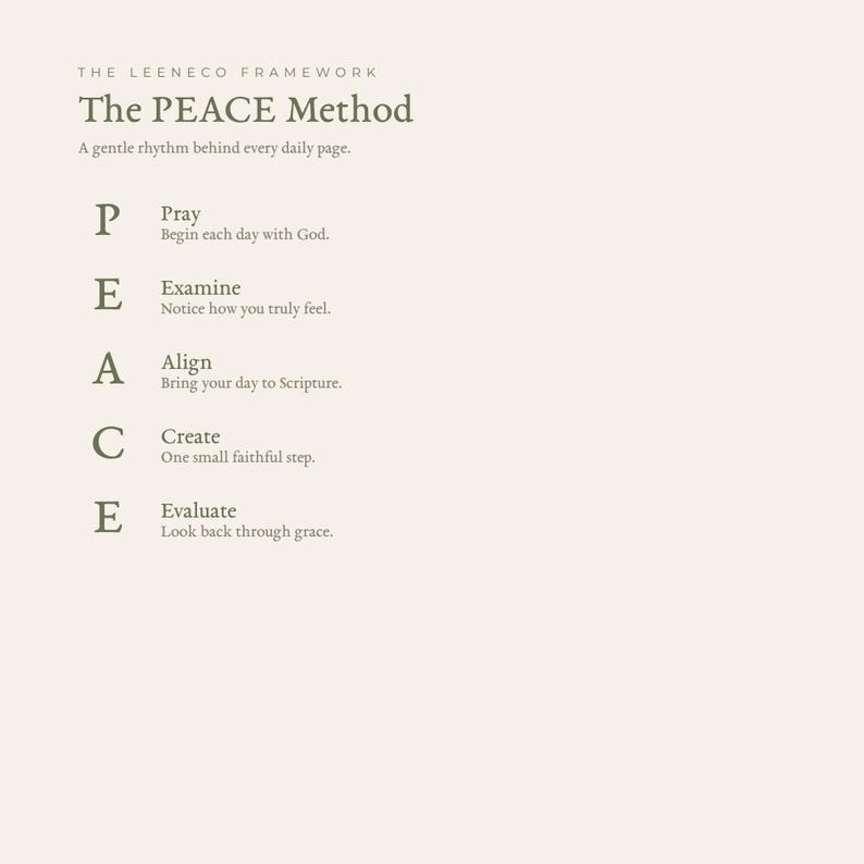 May include: A beige informational graphic titled The Leeneco Framework The PEACE Method. It lists the acronym P for Pray, E for Examine, A for Align, C for Create, and E for Evaluate, each followed by a short descriptive phrase in dark text.