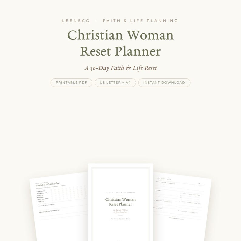 May include: A digital planner titled Christian Woman Reset Planner, A 30-Day Faith & Life Reset. The document includes printable PDF pages in US Letter and A4 sizes. The layout features minimalist text, checkboxes, and structured sections for daily planning.