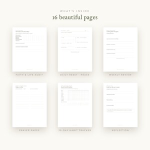 May include: A digital planner set featuring 16 beautiful pages with white backgrounds and black text. The layout includes sections titled Faith & Life Audit, Daily Reset - Peace, Weekly Review, Prayer Pages, 30-Day Habit Tracker, and Reflection.