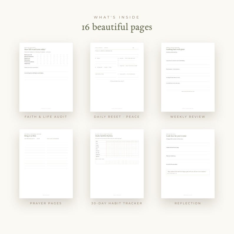 May include: A digital planner set featuring 16 beautiful pages with white backgrounds and black text. The layout includes sections titled Faith & Life Audit, Daily Reset - Peace, Weekly Review, Prayer Pages, 30-Day Habit Tracker, and Reflection.