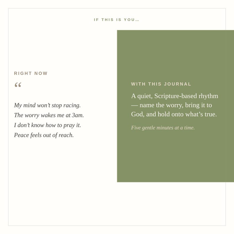 May include: A white graphic card featuring the text IF THIS IS YOU... RIGHT NOW, followed by a quote about a racing mind and worry. A sage green rectangular block contains the text WITH THIS JOURNAL, describing a Scripture-based rhythm.