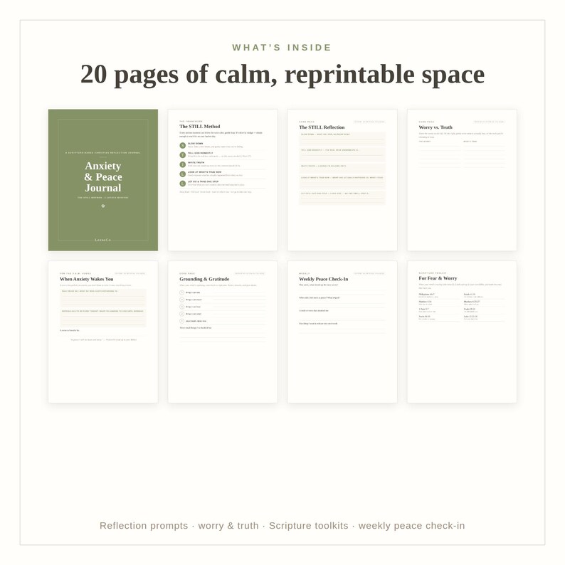 May include: Anxiety & Peace Journal with a sage green cover and 20 printable pages featuring the STILL Method, reflection prompts, worry vs. truth exercises, grounding and gratitude lists, weekly peace check-ins, and scripture toolkits.